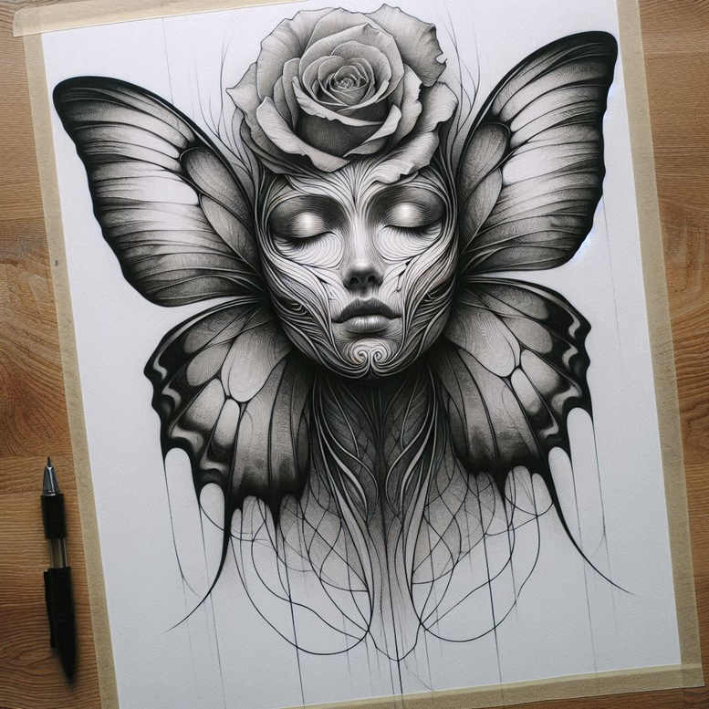 Face with closed eyes, butterfly wings, and a rose atop the brow; grayscale, black and grey; visible objects: pen, paper, tape; AI-generated tattoo project concept; cover-up suitable.