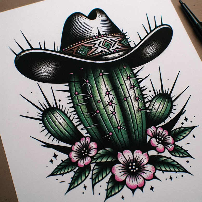 Cactus with a black hat and pink flowers, green leaves; color tattoo project idea, suitable for a cover-up.