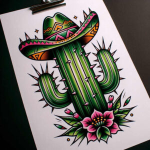 Colorful cactus with pink-edged sombrero and pink flower, green arms; full color tattoo design idea; pattern included; cover-up: not suitable.