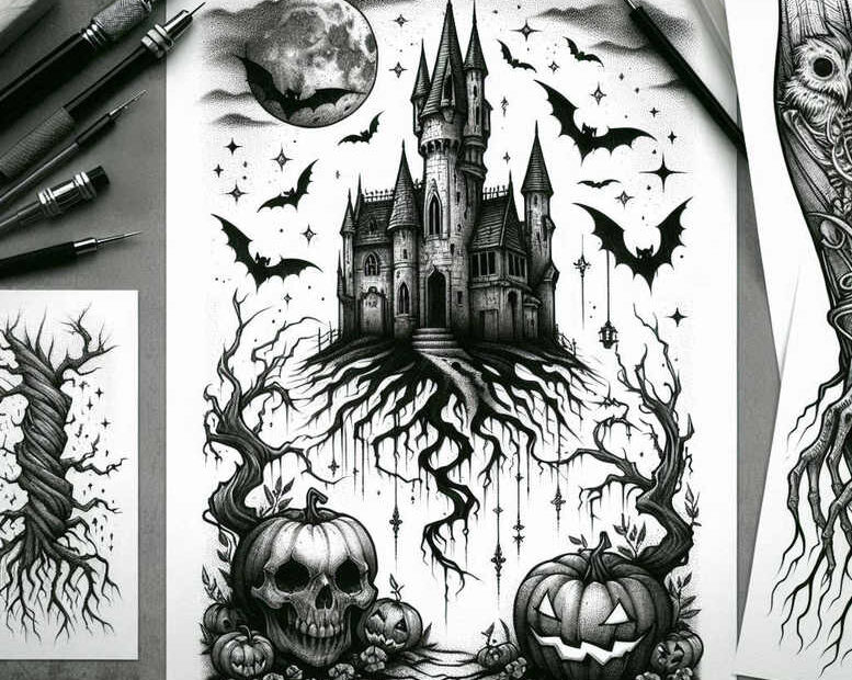 Castle on gnarled roots with skull, pumpkins, moon, and bats in black and grey; AI-generated tattoo project with pattern, suitable for a cover-up.