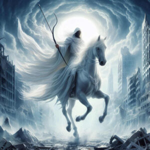 Hooded rider on a white horse holding a bow, cloaked figure among blue sky and ruined buildings; full-color tattoo project; not a cover-up.