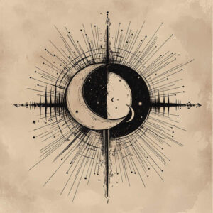 Black and grey line-art of sun and moon within a circular frame with radiant rays and scattered stars; AI-generated tattoo project; cover-up ready.