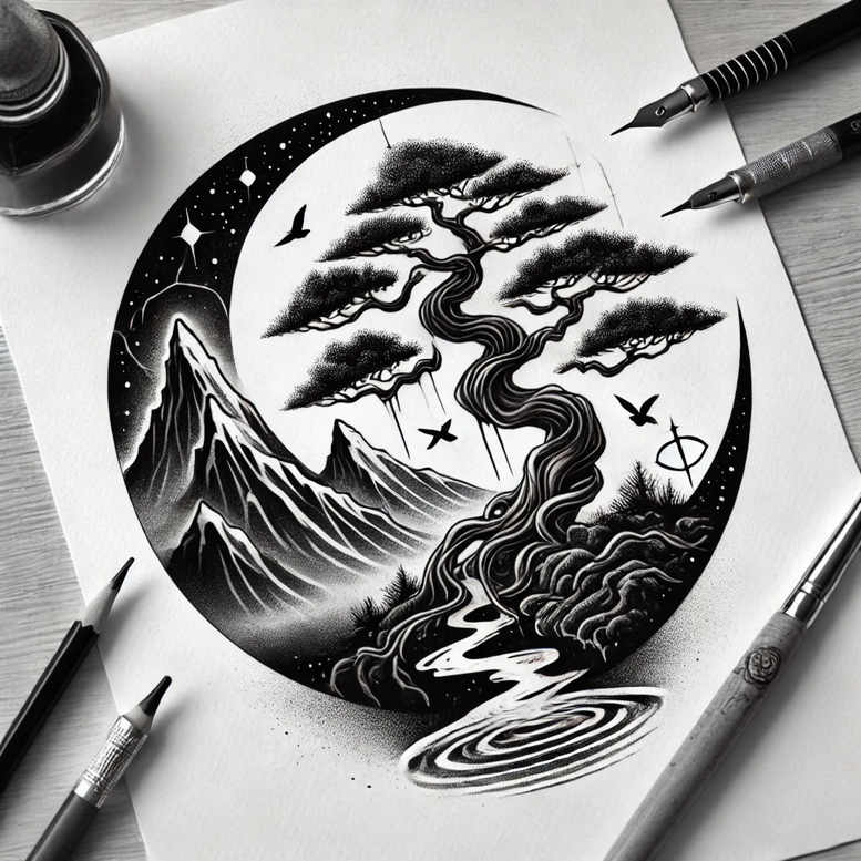 Black and grey circular landscape with a twisting pine tree, mountains, crescent moon, stars, and water swirl; tattoo project idea, cover-up friendly, pattern-ready.