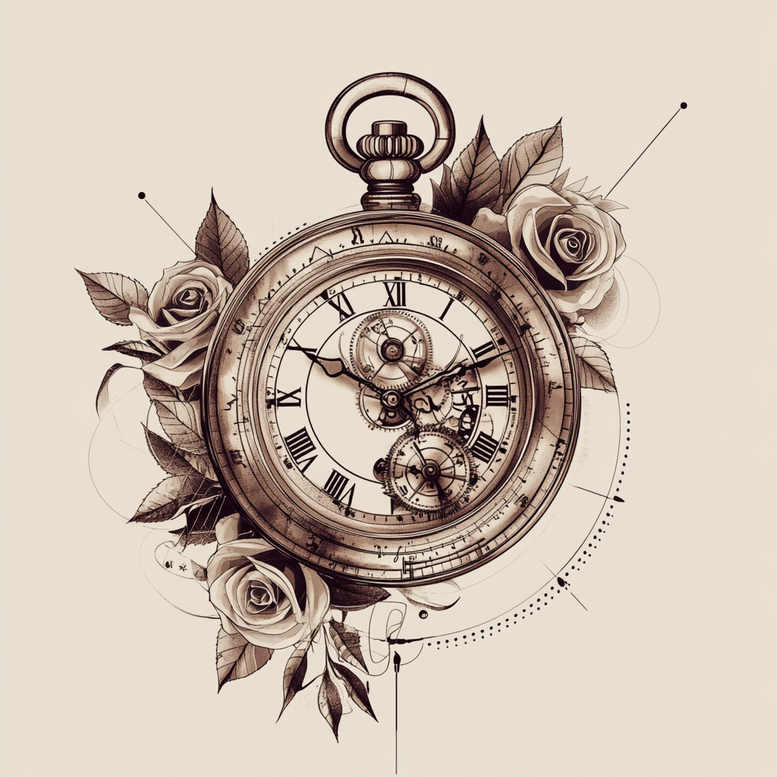 Watch with gears, roses, leaves in sepia and black-and-grey tones; a tattoo design idea, not specifically a cover-up.