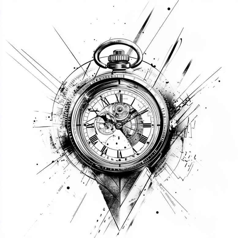 Watch with visible gears in black and grey, splatter pattern around it; AI-generated tattoo project; cover-up suitable.