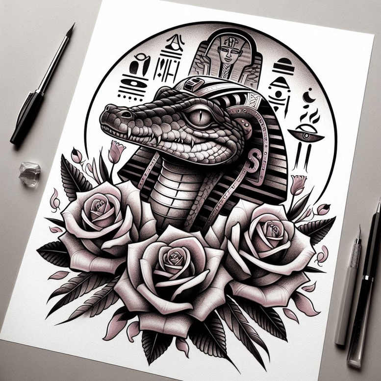 Cobra head, rose blooms, leaves, and circular halo in black and grey; AI-generated tattoo project; suitable for cover-up.