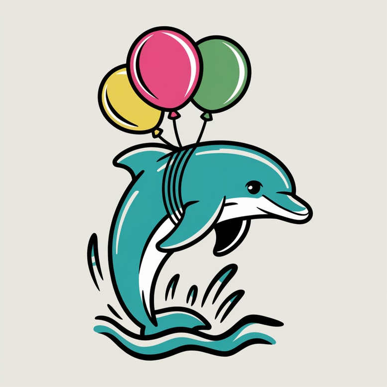 Dolphin, balloons (pink, yellow, green), and waves — color illustration; tattoo idea, not specifically for cover-up.
