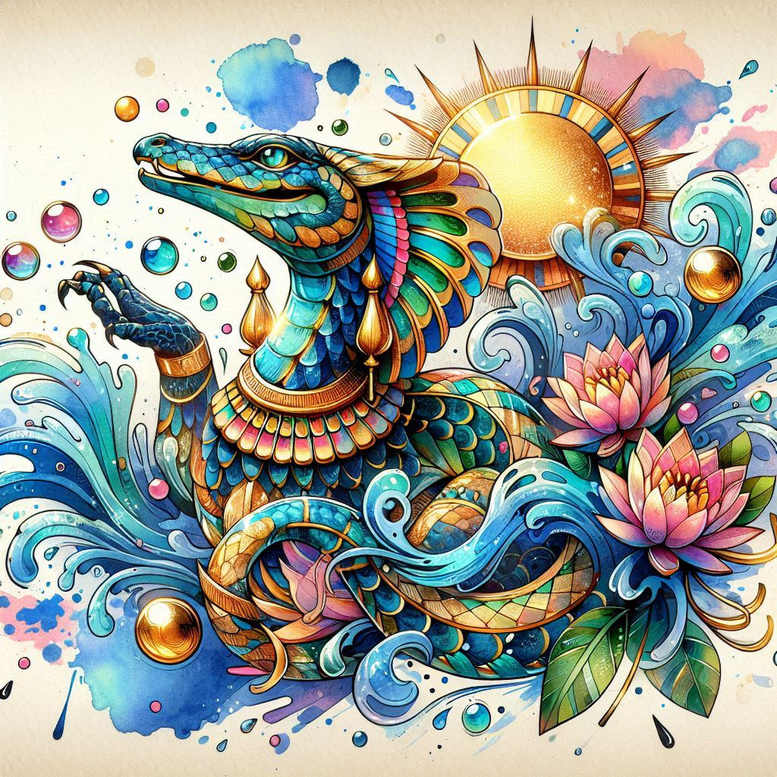 Colorful dragon with sun, lotus, and swirling waves; full color; project tattoo design concept; cover-up: not intended; pattern elements emphasized.