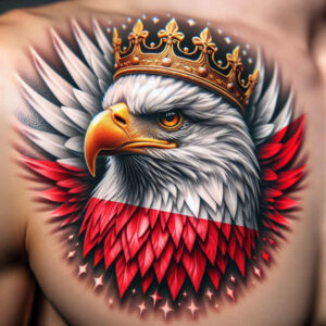 Eagle head with golden crown, red and white grey feathers, black and grey shading; color tattoo project; not a cover-up.