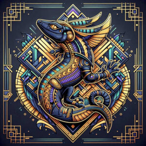 Colorful dragon with blue, purple, and gold scales inside a geometric circle on a dark background; decorative border; AI-generated tattoo project; color; not specifically for cover-up.
