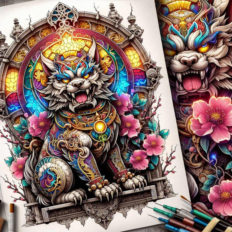Wolf in ornate armor atop a carved stone arch, surrounded by pink flowers, with a vivid mandala circle behind, and a set of marker pens in the foreground; full color tattoo project, suitable for a cover-up.