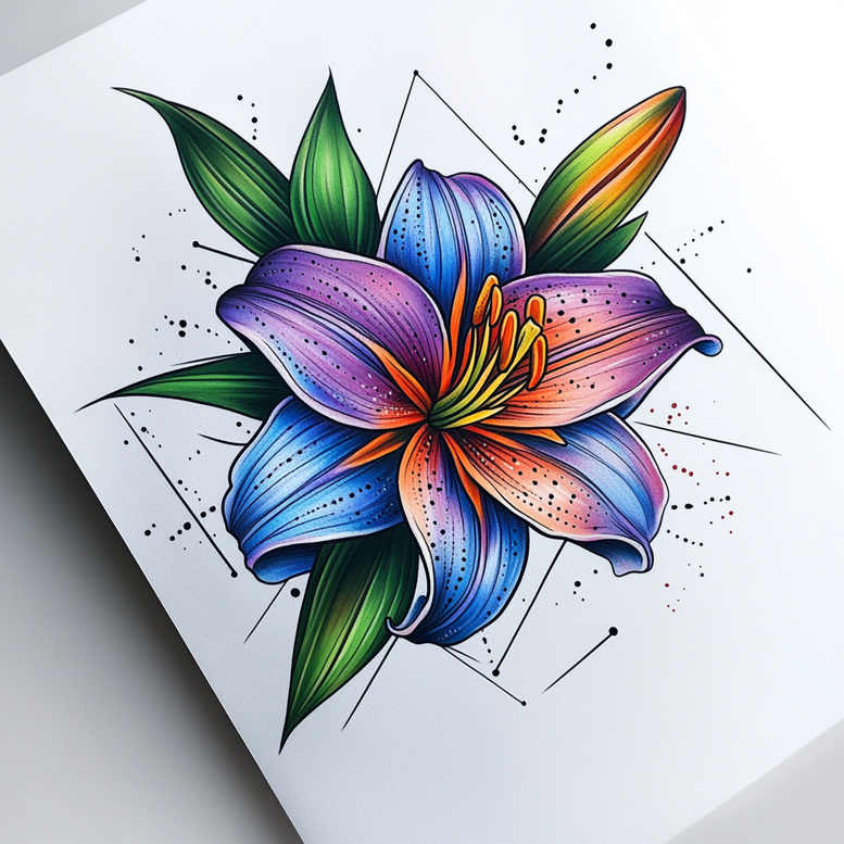 Colorful lily with purple, blue, and orange petals and green leaves, framed by geometric lines and dot accents; color tattoo design concept; not a cover-up.