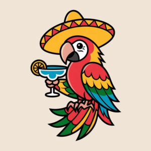 Colorful parrot with yellow sombrero, blue margarita glass, and lemon wheel; full-color tattoo project; not a cover-up.