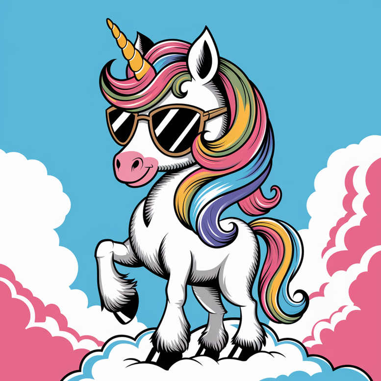 White unicorn with rainbow mane and black sunglasses on pink clouds against blue sky; AI-generated tattoo project idea; not ideal for cover-up.