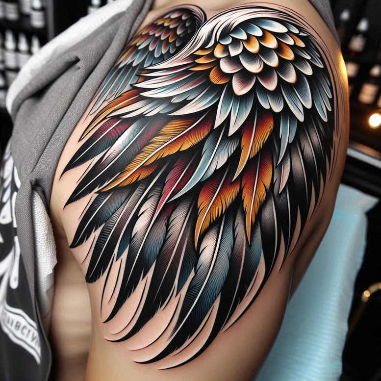 Wing tattoo design with colorful feathers in blue, teal, orange, black and white; color project idea; not for cover-up.