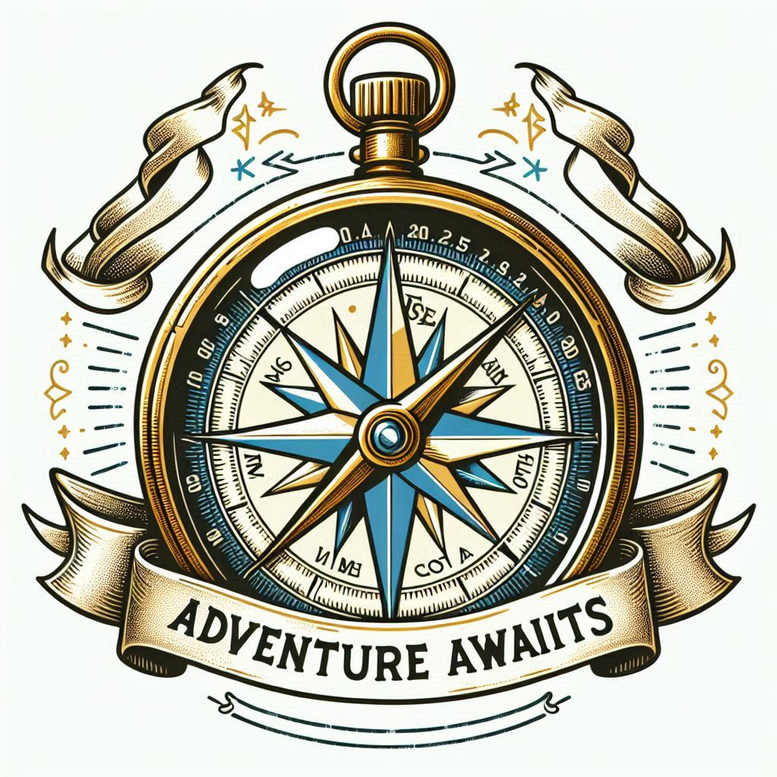 Compass and ribbon banner in full color; tattoo project idea; not a cover-up.