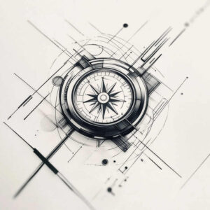 Compass, circle, line, and dot in black and grey; AI-generated tattoo project; suitable for a cover-up.