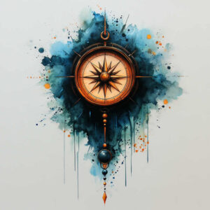 Compass, pendant, bead, orb, diamond; color watercolor with bronze and blue tones; project tattoo design; not a cover-up.