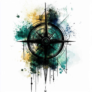 Compass rose, ring, spoke, drip, splash; multicolor watercolor splashes in blue, green, and yellow with black ink lines; project; not suitable for cover-up.