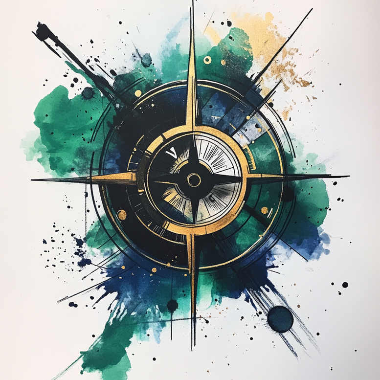Compass rose centerpiece with circular rings and radiating spokes, gold and black lines over teal, green, and blue watercolor splashes; color; project; not a cover-up.