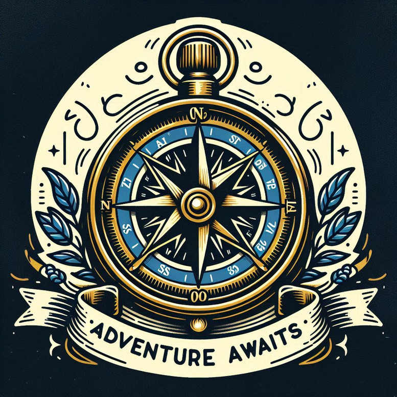Compass with blue dial, gold accents, cream banner reading 'Adventure Awaits', and laurel leaves on a dark background; full-color tattoo project, suitable for cover-up.
