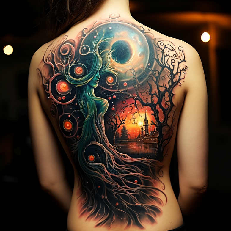 Back tattoo in color featuring a teal-haired woman, twisting roots, orbiting orbs, a moon, leafless trees, and a sunset-lit church tower; vibrant, cover-up-ready project.