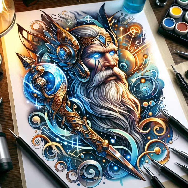 Cosmic warrior portrait in vibrant full-color; visible elements include helmet, armor, sword, beard, orb, gem, and decorative swirl; color: full color; project idea; not ideal for cover-up.