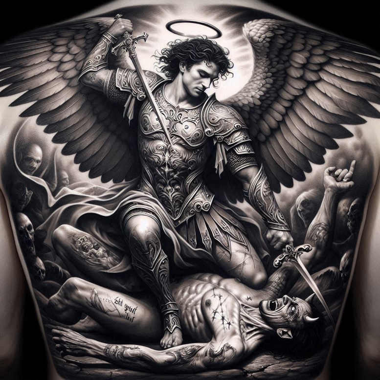 Black and grey cover-up-ready tattoo design featuring an armored angel with wings and halo standing over a demon on a dark battlefield; ornate armor and skulls.