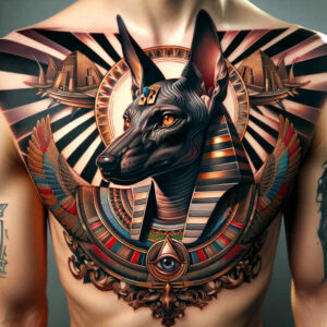 Colorful chest tattoo featuring Anubis head, pyramid, wings, eye in triangle, necklace, and halo; full-color tattoo project; cover-up suitable.