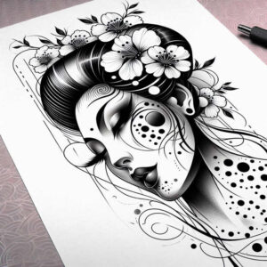 Black and grey profile of a woman with a floral crown, flowing hair, dot patterns, and swirling lines; tattoo design idea suitable for a cover-up.