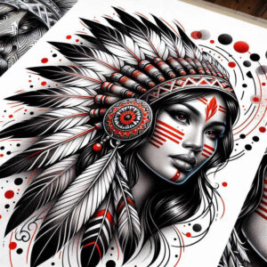 Portrait of a woman with a Native-inspired feather headpiece in black and grey with red accents; medallion, hair, circles, and dots visible; cover-up tattoo design.