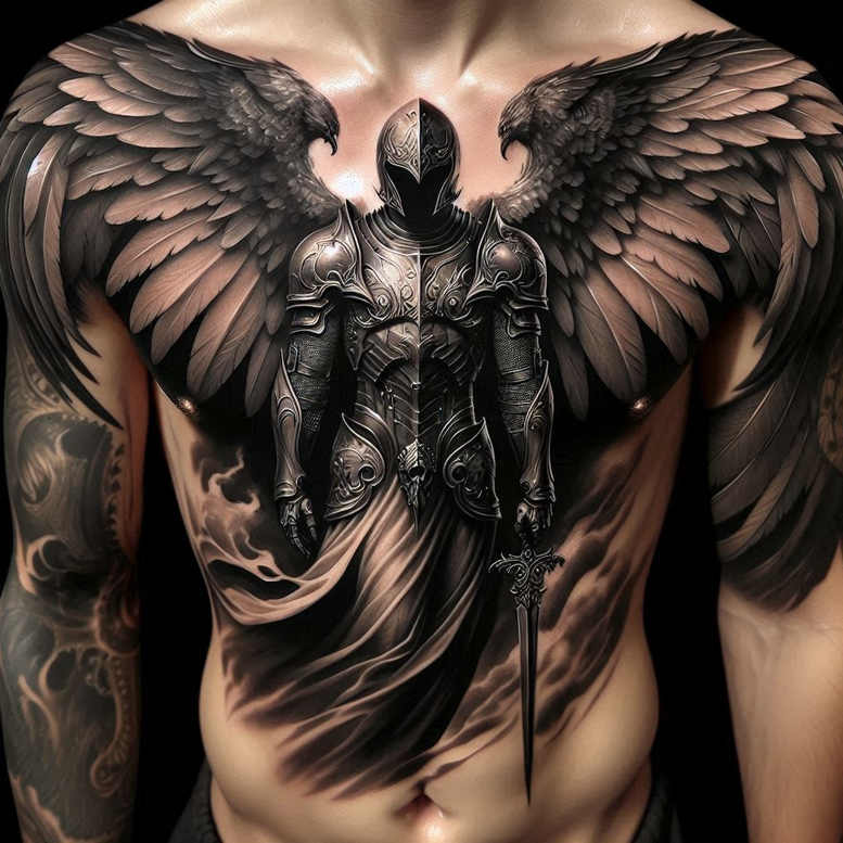 Knight, armor, wings, dagger, and cloak in black and grey; AI-generated tattoo project, cover-up suitable.