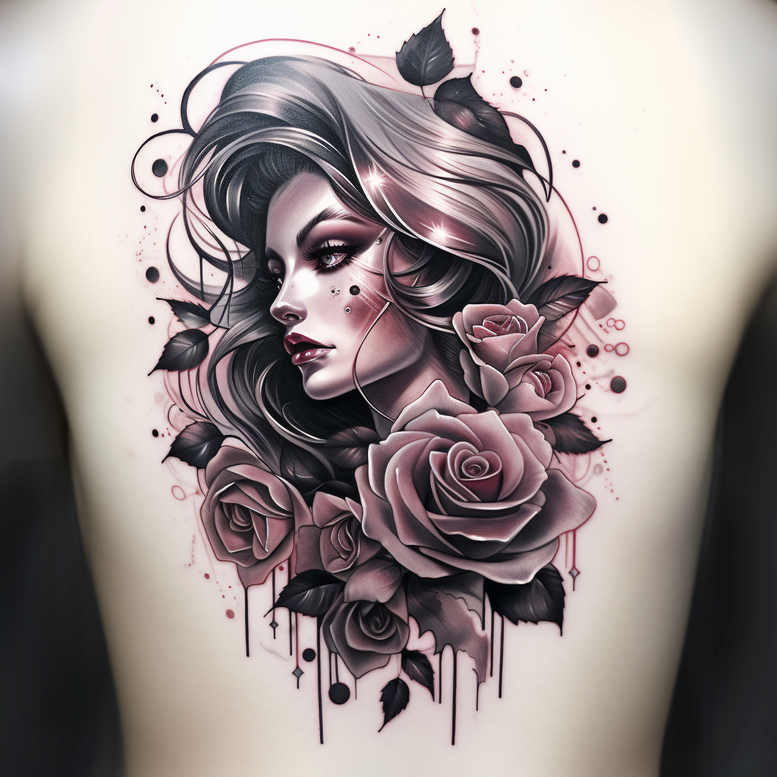 Black and grey portrait of a woman with pink-tinged roses and dark leaves; tattoo project, cover-up suitable.