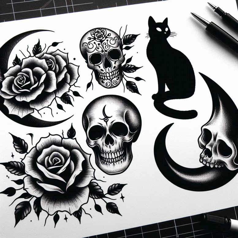 Black and grey AI-generated tattoo design with cat silhouette, skulls, roses and crescent moons; cover-up-ready.