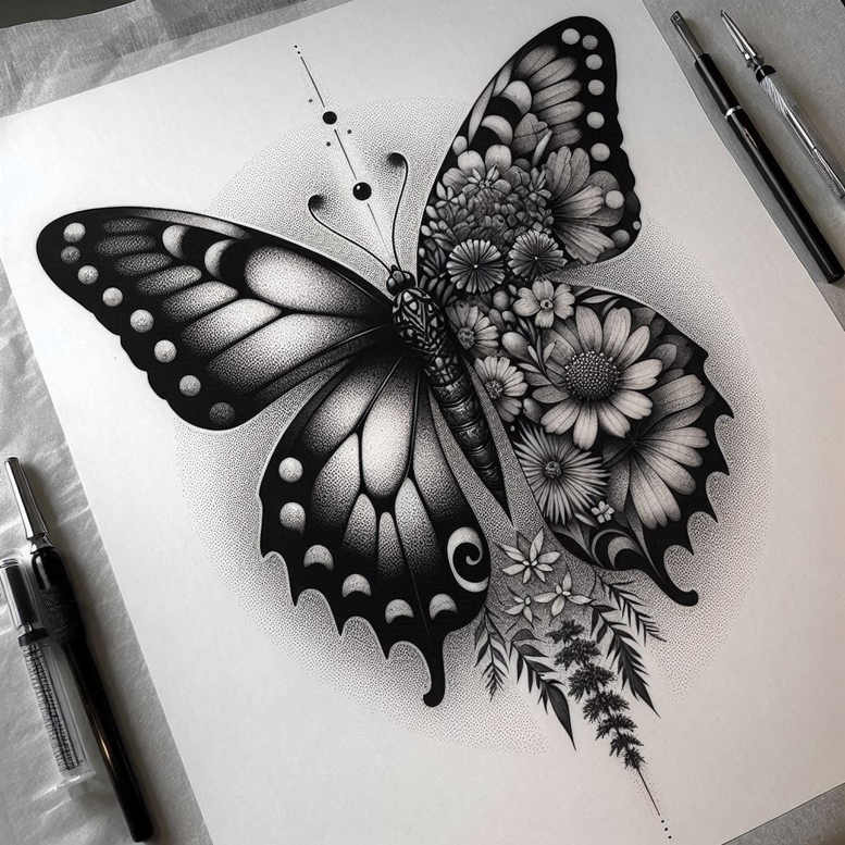 Butterfly, flower, fern, and leaf elements rendered in black and grey; a tattoo project; cover-up-ready.