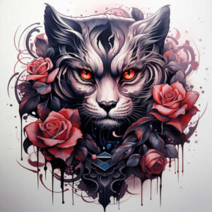 Cat head with red eyes framed by rose blossoms in black-and-grey shading, with dripping ink details; AI-generated cover-up tattoo idea.
