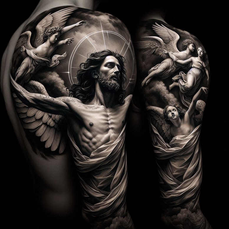 Visible elements: Jesus, angel, wing, sleeve, drapery; black and grey; AI-generated tattoo project; cover-up-ready.