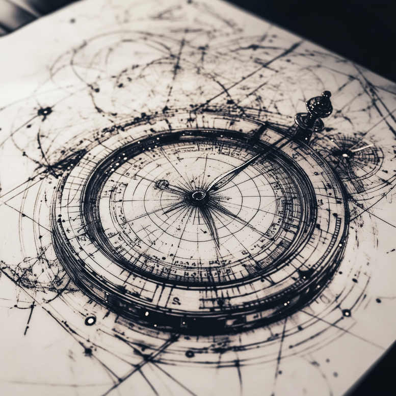 Compass and paper on a white surface in black and grey linework; tattoo design concept, project idea; cover-up suitable.