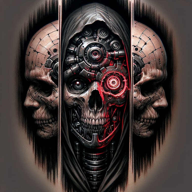 Three skulls: central cybernetic skull with gears and red highlights, flanked by two weathered skulls; black and grey shading; project for cover-up.
