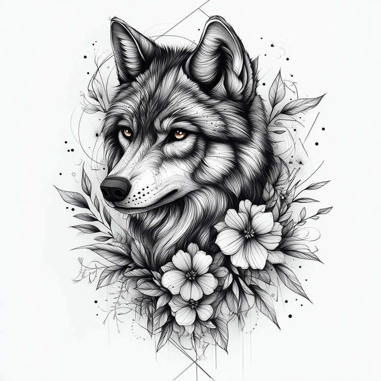 Wolf head in black and grey with surrounding flowers and leaves, linework accents and geometric elements; tattoo project idea; cover-up suitable.