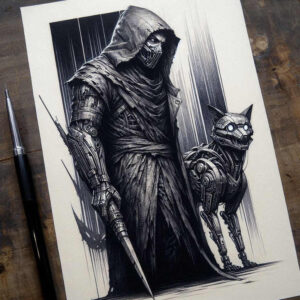 Hooded figure and robotic dog on white paper, black and grey ink, AI-generated tattoo project, cover-up suitable.
