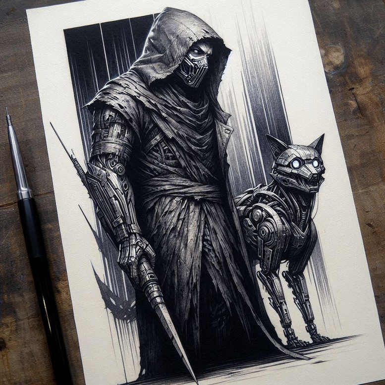 Hooded figure and robotic dog on white paper, black and grey ink, AI-generated tattoo project, cover-up suitable.