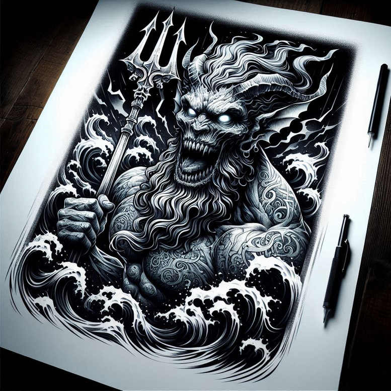Black and grey tattoo featuring Poseidon-inspired sea god with trident amid crashing waves; AI-generated concept for a potential tattoo project, ideal for cover-up.