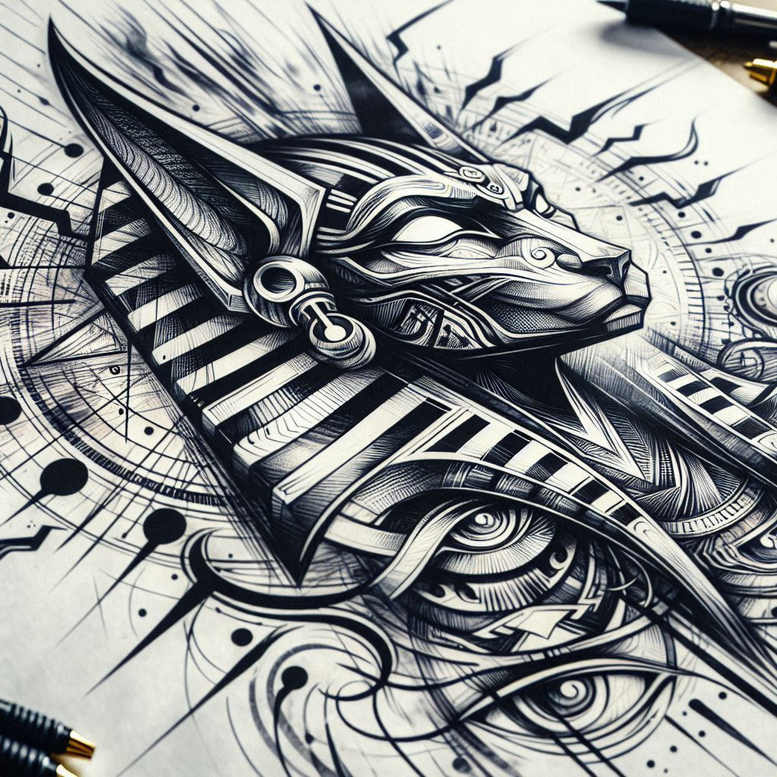 Dragon head with mechanical gear elements and circular patterns in black and grey; tattoo project; cover-up-ready.