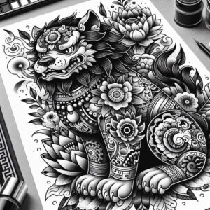 Black-and-grey fine-line tattoo design of a dog (guardian lion) with lotus flowers and leaves; AI-generated tattoo project, cover-up-ready.