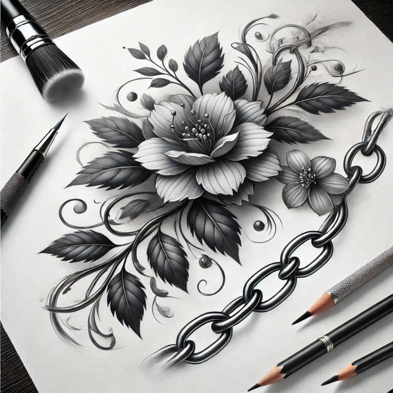 Flower, leaves, chain, pencils, brush; black and grey; tattoo project idea; cover-up suitable.