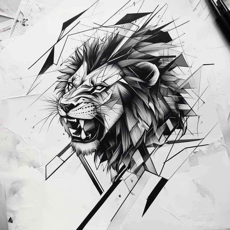 Lion head in black and grey with geometric pattern; tattoo project, cover-up suitable.