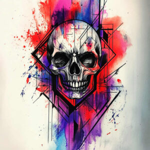Skull with geometric diamond frame and watercolor splashes in red, purple, and blue; black and grey tattoo design; project suitable for a cover-up.