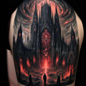Black and grey Gothic cathedral tattoo with red glow, stormy sky, hooded figure, and ruined arches; AI-generated tattoo project, ideal for cover-up.