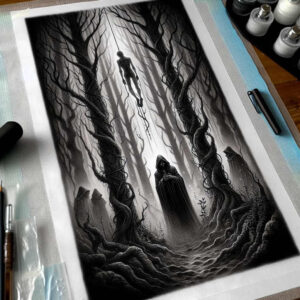 Dark grayscale forest with twisted trees and a hanging silhouette on a rope, plus a hooded figure, mist; black and grey tattoo project, suitable for cover-up.